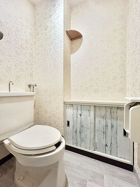 【現況】トイレです。棚があり、清潔感のある空間です。
