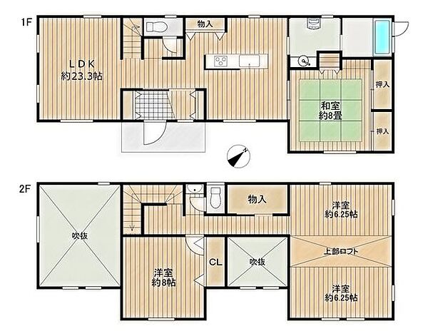 【間取図】LDK約23帖の開放感のある3LDK住宅です。1階にも居室があり、2階の洋室は上部のロフトを介し繋がっておりお子様のお部屋にもぴったりです。