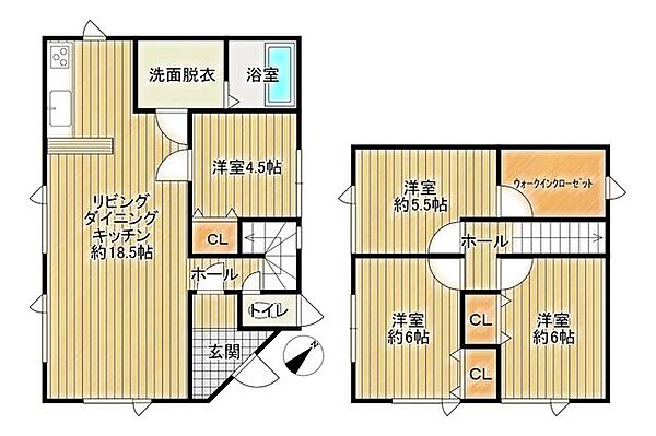 【リフォーム後】間取りはLDK約18.5帖の4LDK住宅。1階にも居室があり、各居室には収納がございます。南面には大きな窓があり、日の当たる暖かいリビングです。