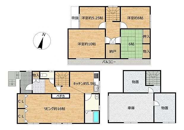 【間取図】1階LDKと水廻り、2階4部屋の4LDK住宅。LDKは約21.5帖と解放感のある作りです。