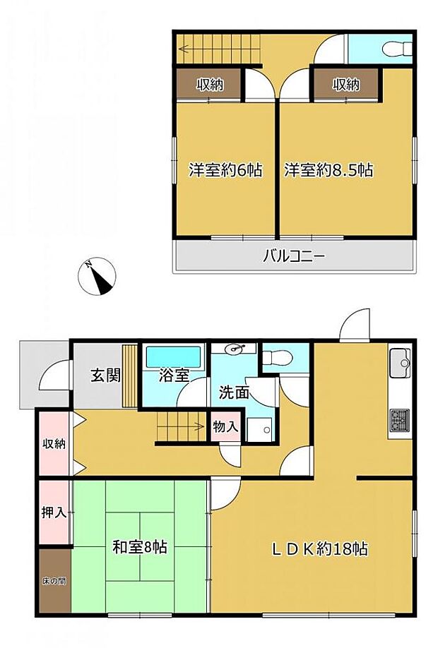【間取り図】【間取図】LDK約18帖の木造2階建てのお家です。2階各居室には2つ窓があり、風通しもいいお部屋になっていますね。また各部屋に収納があるので、部屋を広く使える間取りになっています。 