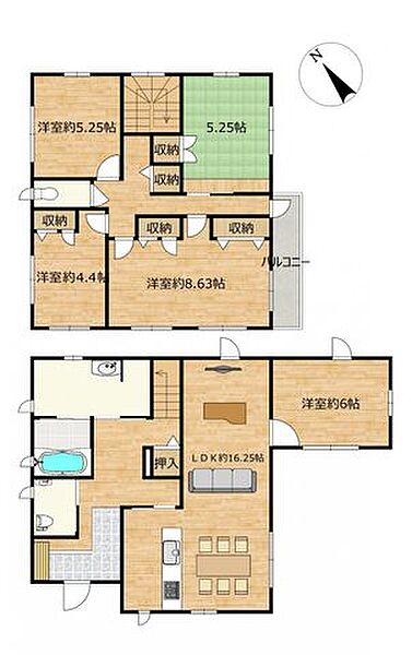 【間取図】5LDKの2階建てです。1階に1部屋、2階4部屋ございます。各部屋に収納があるので、部屋を広く使える間取りになっています。