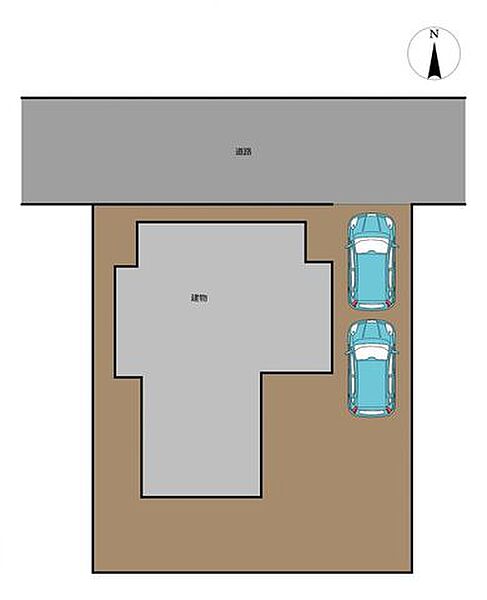 【区画図】縦列で駐車2台可能です。前面道路は約4ｍあります。