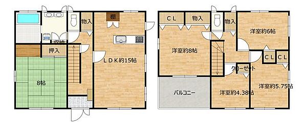【間取図】5LDKの2階建てのお家です。2階各部屋に収納があるので、部屋を広く使える間取りになっています。