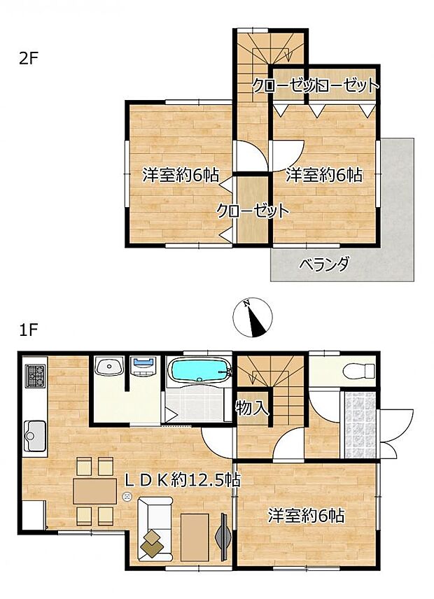 【リフォーム済】間取図　3LDKの住宅です。和室とダイニングキッチンを繋げて12帖のLDKに変更しました。2階和室も洋室に変更しました。（家具イメージ）