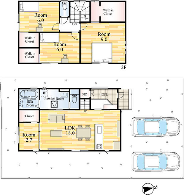 駐車場並列2台可能!2階の洋室はすべてウォークインクローゼットあり!