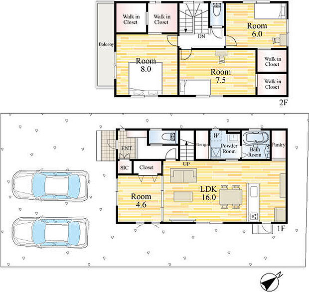 駐車並列2台可能。2階洋室は全室ウォークインクローゼット。