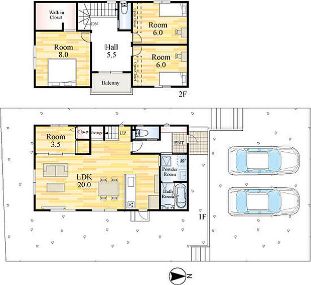 並列２列駐車可能。広々20帖のLDKは２面採光で日当たり良好。