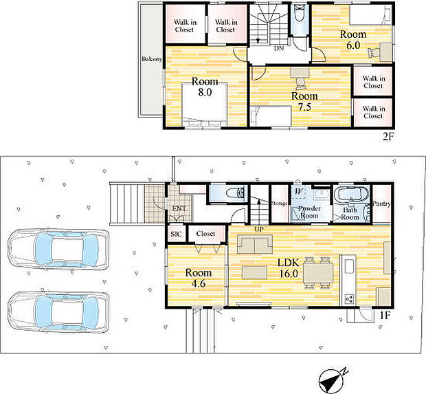 駐車並列２台可能。２階洋室は３室すべてにウォークインクローゼットあり！
