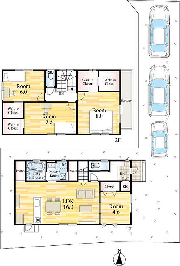 ３台駐車可能。２階洋室すべてにウォークインクローゼットあり
