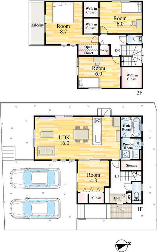 2台駐車可能。2階洋室全てにウォークインクローゼットあり!