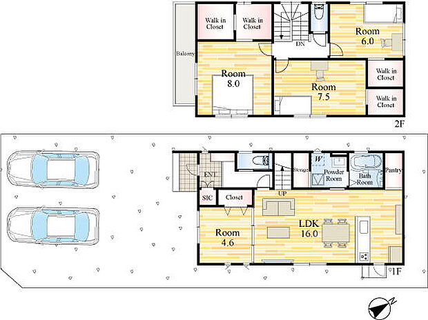 並列2台駐車可能。2階洋室すべてにウォークインクローゼットあり。