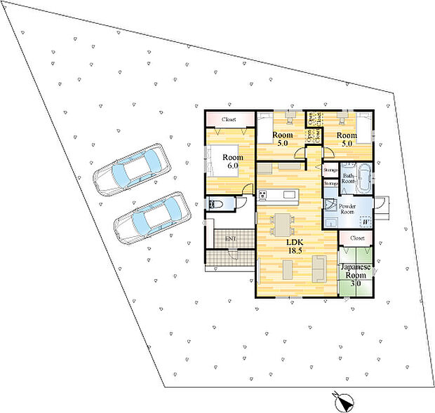 並列2台駐車可能。LDKは広々18帖。
