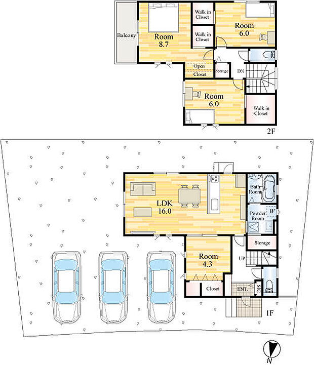 駐車並列3台可能。収納率高めですっきり暮らす。家具配置も楽しみな空間設計。