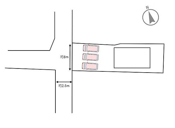 【区画図】駐車場は並列3台駐車可能です。カーポート2台分と車庫1台分駐車可能です。