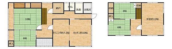 【間取り図】5LDKの広々としたおうちです。ダイニングと洋室が3部屋、和室が2部屋ございます。