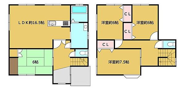【間取り図】1階にLDKと和室、2階に洋室が3部屋の4LDKのおうちになります。