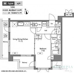 プラウドフラット神楽坂 1LDKの間取図画像