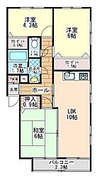 コーポ八城 3LDKの間取図画像