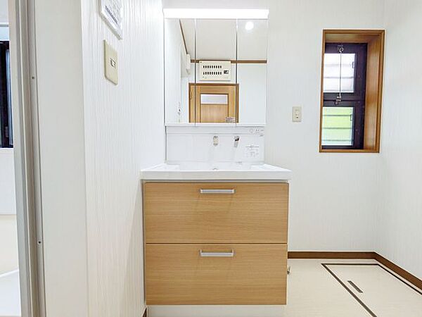 収納スペースが豊富な三面鏡付き洗面台。作業スペースも広く、家族が並んで身支度ができます。