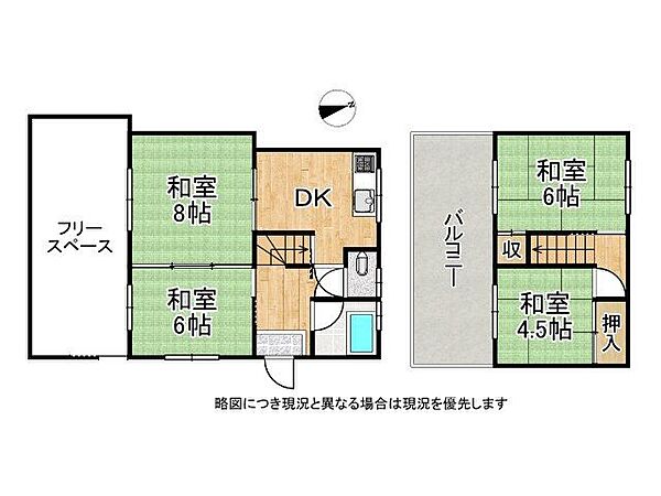 2階建ての間取りは、家族のプライバシーを確保しつつ、広々とした空間を提供します。快適な居住環境です。