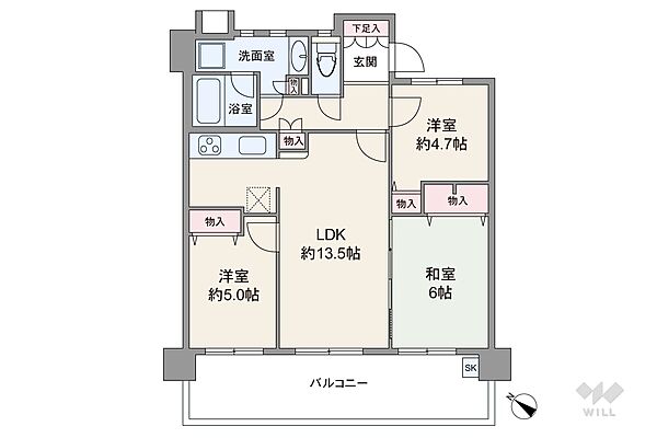 間取りは専有面積65.86平米の3LDK。LDK約13.5帖のセンターリビングのプラン。バルコニー面積は14.94平米です。