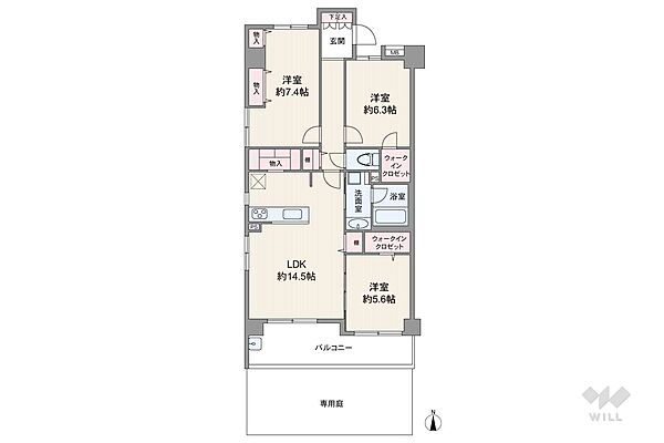 間取りは専有面積78.94平米の3LDK。専用庭付き、LDK約14.5帖の縦長リビングのプラン。バルコニー面積は11.3平米です。