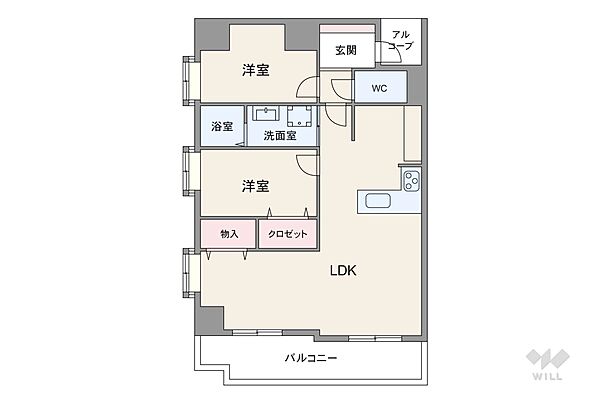 間取りは専有面積60.76平米の2LDK。横長リビングのプラン。バルコニー面積は8.15平米です。