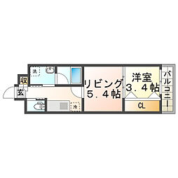 西宮北口プライマリーワンガーデンテラス 1DKの間取図画像
