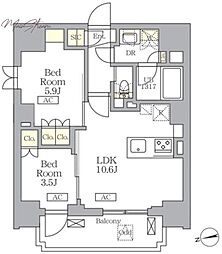 ザ・ライオンズフォーシア文京湯島 2LDKの間取図画像
