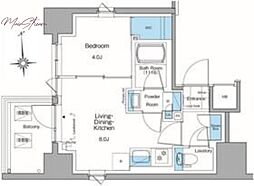 ルフォンプログレ田原町 8階1LDKの間取り