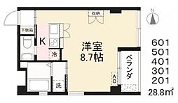 高松琴平電気鉄道琴平線 瓦町駅 徒歩4分の賃貸マンション 6階ワンルームの間取り