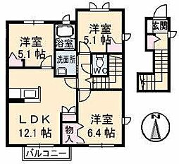JR予讃線 鬼無駅 3.5kmの賃貸アパート 2階3LDKの間取り