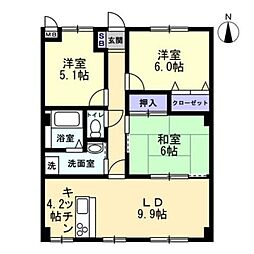 フォブールトロワやくりＡ 2階3LDKの間取り