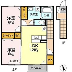 セジュールグランモア 2階2LDKの間取り