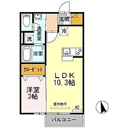 リビングタウン高松中央 2階1LDKの間取り