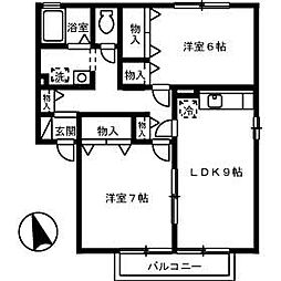 リジェール東山崎　Ａ・Ｂ 2階2DKの間取り