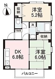 フォブール東大所A 2DKの間取図画像