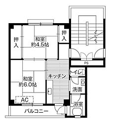 ビレッジハウス白鳥2号棟 2Kの間取図画像