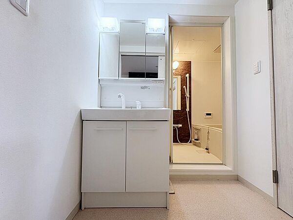 白を基調とした、収納豊富な三面鏡付きの洗面化粧台。