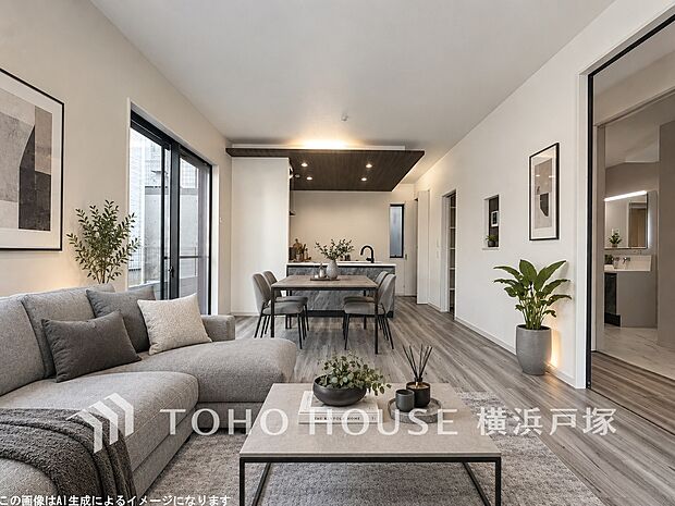 【Living room】明るく開放的な空間が広がるLDK。室内には豊かな陽光が注ぎ込み、爽やかな住空間を演出。（5号棟）
