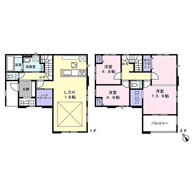 2号棟は家族でよく使う品や大き目の荷物も収納可能なシェアクローゼット付きです