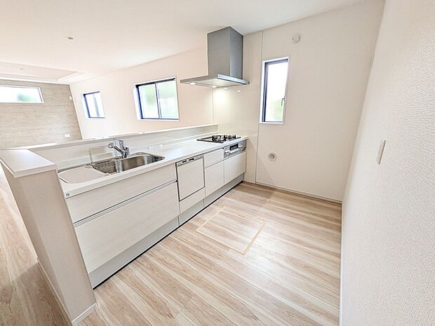 ビルトイン食洗器を備えた対面式キッチン。調理をしながらリビングが一望できます