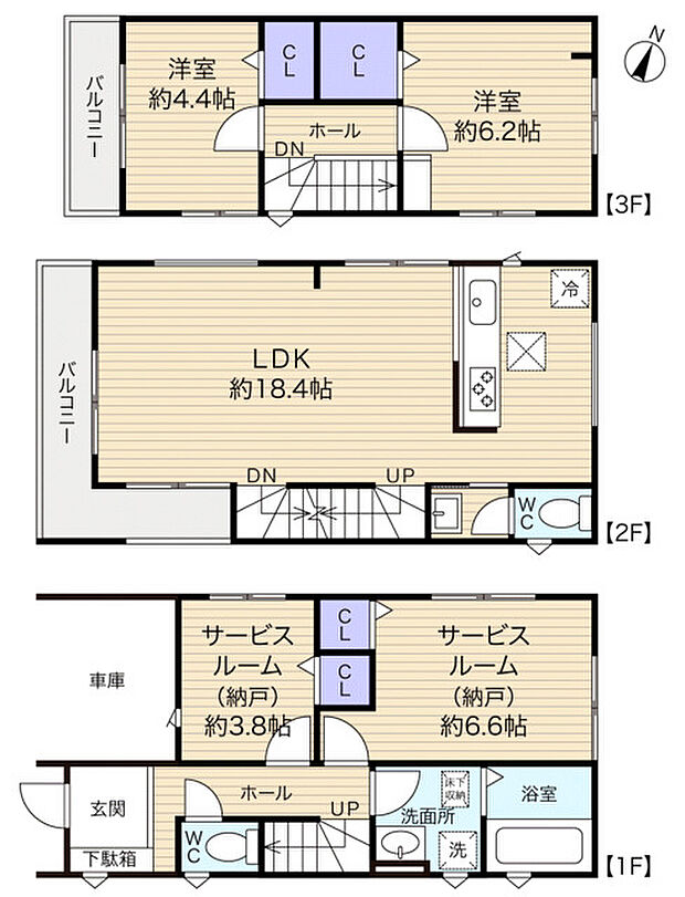 家族でゆったり暮らせる3階建て2SLDK　全部屋2面採光で明るく風通り良好です