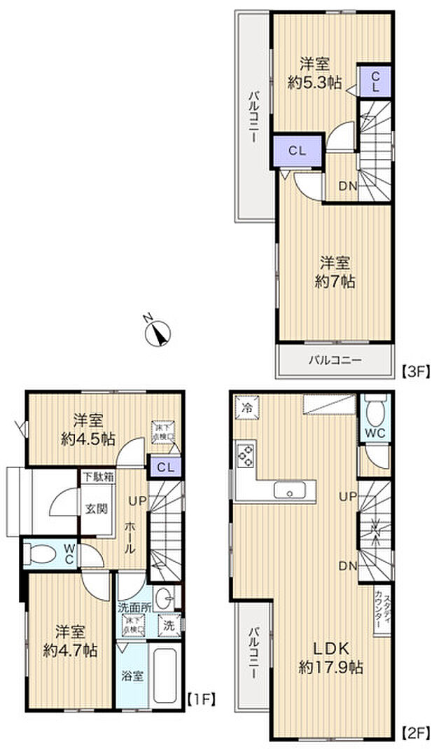 3号棟は3か所にバルコニー付きで開放的な間取りです