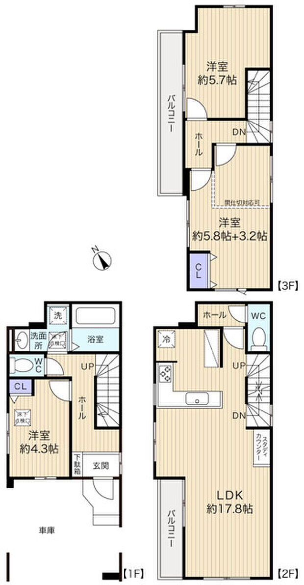 5号棟は南西・北西の角地に立地。2Fリビングに明るい日差しが当たります