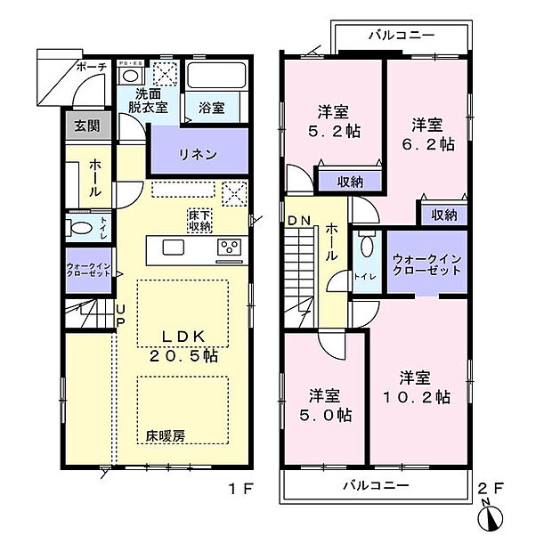 各フロアに大型収納(リネン庫・WIC2か所)を備えたゆとりある住まい
