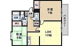 JR山陰本線 嵯峨嵐山駅 徒歩14分の賃貸アパート 2階2LDKの間取り