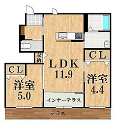 橿原市十市町アパート新築工事 1階2LDKの間取り