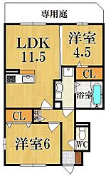 カーサ平松 1階2LDKの間取り